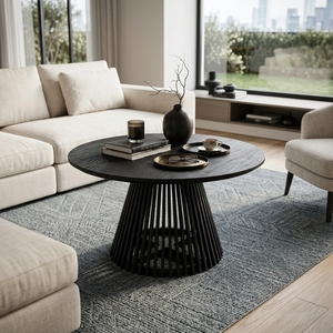 Modern Black Wood <b>Round</b> Coffee <b>Table</b> Slatted Tapered Cage Base Wooden Center Side <b>Table</b> <b>Patio</b> Living Room Setup Art Design - Product Image 2