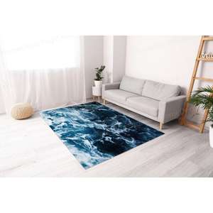 Alfombra con Estampado de Océano Estético - Estilo Rústico, Ola Azul del Océano, Paisaje Marino, con Pelo Suave - Product Image 4