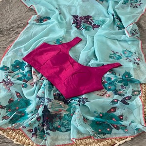 Ropa de fiesta Exclusiva Última tendencia Nueva mezcla de Georgette con sari y blusa con estampado digital a precio barato - Product Image 1