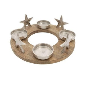 <b>Table</b> Top Christmas Decoration <b>Small</b> Tealight Candle Holder with <b>Wooden</b> Base and Round Star Design Aluminium - Product Image 1