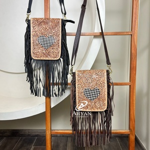 New Personalized Trendy Hand Tooled Leather Fringe Handbags Women Luxury Checkered Heart & Floral Printed Genuine <b>Shoulder</b> <b>Bag</b> - Product Image 1