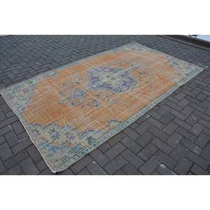 Alfombra turca Vintage, diseño de retazos naranja y azul, 5,1x8,9 pies, tejido plano de lana con respaldo de látex para decoraciones de sala de estar - Product Image 2