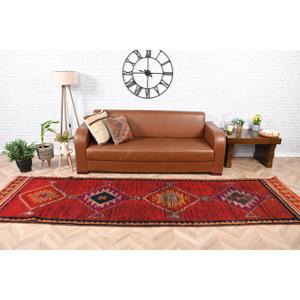 3.2x11.6 ft Rug, Vintage Turkish Rug, <b>Red</b> Herki <b>Wool</b> Rug - Product Image 1