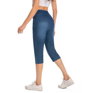 Pantalon Capri en jean extensible pour femme, coupe ajustée, avec poches à rivets, respirant, style crayon, taille simple avec logo tendance - Product Image 4