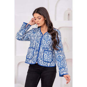 Blue Quilted <b>Jacket</b> Printed Design Autumn/Winter Leather Windbreaker for Ladies Custom Logo Short Length Polyester <b>Sequins</b> - Product Image 3