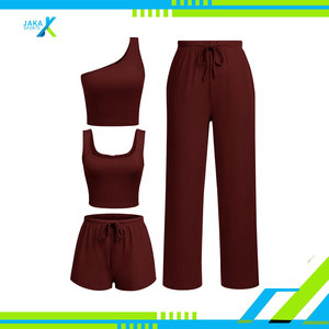 ชุดโยคะผู้หญิง 2 ชิ้น เสื้อครอปถักแบบร่อง กางเกงขาสั้นลำลอง สวมใส่สบาย ชุดลำลองเข้าชุด ระบายอากาศได้ดี เอวสูง - Product Image 4