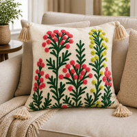 Coussin décoratif brodé à la main en coton, motif floral, 16x16, amovible et lavable, design prairie botanique rose pour salon