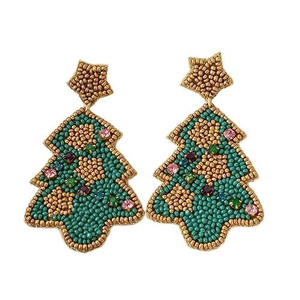 Boucles d'oreilles brodées de perles, design élégant, perles de rocaille dorées et vertes pour femmes et filles, origine Inde - Product Image 1