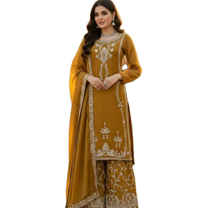 Conjunto de Salwar Kameez Festivo de Estilo Cachemir, en Seda GMY Pura, con Cuello Redondo, Corte Recto y Borde Decorativo, con Dupatta a juego, a Bajo Precio - Product Image 1