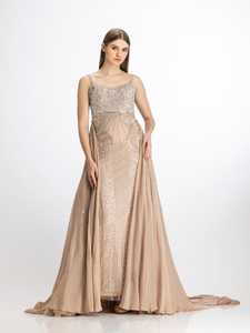 Venta caliente satén vestido de noche para primavera otoño cuello de longitud completa vestido sin mangas bordado rebordear perla antiestático - Product Image 2