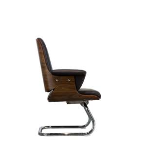 Silla de Oficina Contemporánea Tapizada en Cromo con Respaldo de Madera Curvada y Altura Ajustable - Product Image 1