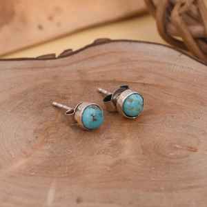 Pendientes de botón con engaste de bisel de turquesa Kingman, plata de ley chapada en oro de 18 quilates, piedra natural, lujo para mujer, certificados por terceros - Product Image 6