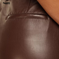 Jeans de Cuero para Mujer, Nueva Tendencia, Cintura Media, Pierna Recta, Color Marrón, Estilo Vintage, Casual, Bordado, Ecológico, Impermeable 2024