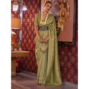 ชุดออกงานผ้าไหมทอส่าหรีพร้อมเสื้อสีเขียวสำหรับชุดราตรี - Product Image 2