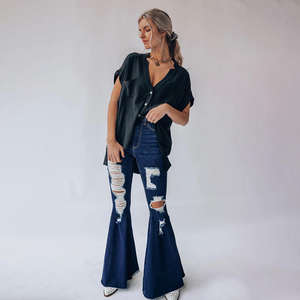 Nouveau gros Flare Bell Bottoms Vintage Skinny Jeans hommes déchiré femmes taille haute délavé pantalon Stretch Baggy Denim Jeans - Product Image 4