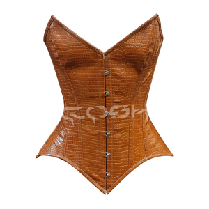 Brown Croc-Texture <b>PVC</b> Overbust Steel Boned Underwire Cups Curvy Waist Slimming Corset - Product Image 5