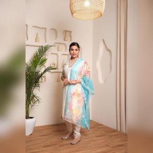 Prix de gros du fabricant, ensemble de kurti en coton aleena chanderi avec dupatta en organza brodé, en tailles en gros de S à XXL - Product Image 3