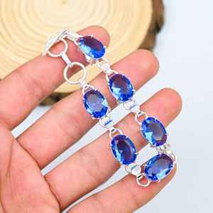 Bracelet de fête de mariage bohème en Tanzanite bleue de luxe, argent sterling 925, pierre précieuse ovale facettée réglable, élégant, fait à la main - Product Image 3