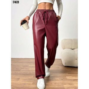 กางเกงหนังเอวสูงผูกเชือกสำหรับผู้หญิง รุ่น 38317 - สีเบอร์กันดี - Product Image 1