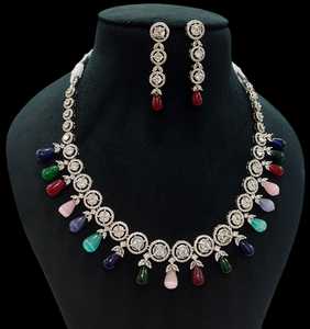 Exclusive High Quality Stone Look <b>Necklace</b> <b>Set</b> Silver Plated <b>Necklace</b> <b>Set</b> With <b>Earrings</b> For Wedding Wear Collection For Women - Product Image 2