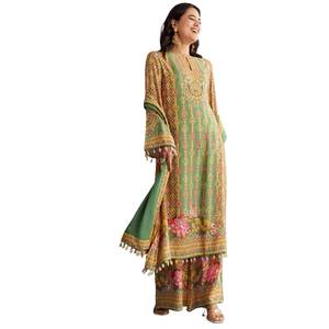 Mousseline de coton vert aqua clair Kurta Dupatta avec Palazzo imprimé Vente en gros de vêtements ethniques pour femmes Mode fournisseur d'usine OEM - Product Image 3