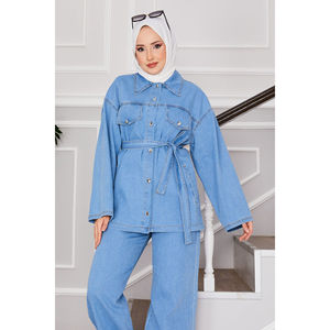 Conjunto de Pantalones y Chaqueta Vaquera Azul Claro, Estilo Modesto, con Cinturón de Encaje, Estampado Casual, Estilo Vintage para Vacaciones de Primavera/Verano - Product Image 2