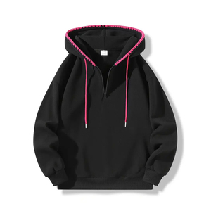 Sudadera con capucha y media cremallera para hombre y mujer al por mayor, forro en contraste con detalles en negro/rosa, cordón ajustable sin bolsillo - Product Image 1