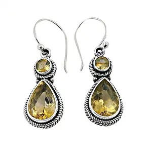 Boucles d'oreilles en argent 925 pour femmes, bijoux fantaisie avec pierre précieuse en forme de larme en citrine - Product Image 2