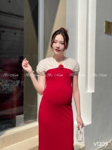 V1209คุณแม่ตั้งครรภ์ผ้านิ่มซับเหงื่อแขนสั้นป้องกันการหดตัวยาวคลุมเข่าสำหรับคุณแม่ฤดูร้อน