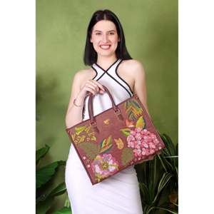 Sac fourre-tout bohème Priglob Exim en cuir végétalien brodé, fait main, marron PickAleaf avec fermeture à fermoirs pour usage quotidien - Product Image 2