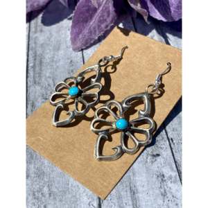 Navajo Kingman Turquoise & Sterling <b>Silver</b> Drop <b>Earrings</b> with Gold Plating Flower-shaped <b>Dangle</b> for Wedding or Gift - Product Image 3