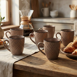Tazas de Café de Cerámica Pintadas a Mano con Patrones en Tonos Tierra, Capacidad de 200 ml, Aptas para Lavavajillas, Juego de 6 para Regalos - Product Image 1