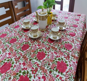 Elegant Modern <b>Square</b> Floral Block Printed Premium Waterproof <b>Table</b> Cover Thick Cotton Woven Fabric Easy to Clean - Product Image 3