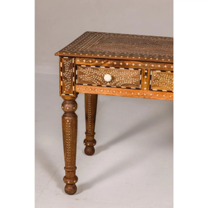 Console d'entrée faite à la main avec 3 tiroirs, design classique, incrustation d'os, bois de teck recyclé, finition naturelle pour la chambre à coucher, décorative - Product Image 6