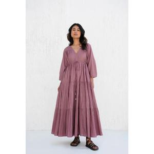 Robe longue bohème pour femme, col en V, taille naturelle, à volants, manches à cordon, décontractée, été, ethnique, 100% coton - Product Image 1