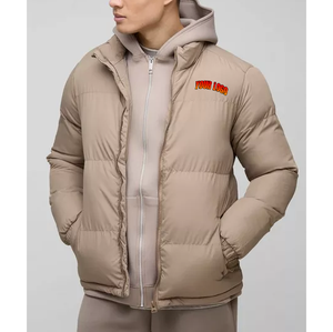 Veste d'hiver matelassée pour homme tendance 2025 avec logo personnalisé, à capuche, imperméable, coupe-vent, en toile, décontractée, beige - Product Image 1