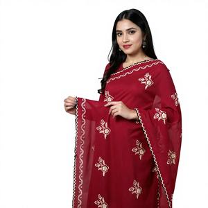 Hiyab de Algodón Voile con Encaje para Mujer, 2.2m, Estilo Dubái, Rojo Dorado, Bordado Floral con Pedrería, Proveedor Mayorista Africano de Verano - Product Image 1