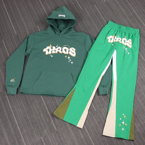 Custom Cotton Raw Hem Hoodies and <b>Flared</b> Stacked Sweatpants Two Piece Tracksuit Set Screen Print Unisex Sweatsuit Men - Product Image 5