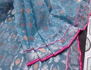 Exclusivo Deshi Dhakai Jamdani Sharee de alta calidad para mujeres JAMDANI tela azul rojo verde dorado cielo azul de Bangladesh - Product Image 1