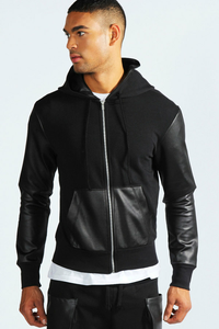 2024 Breathable Custom Embroidery Logo Men's Hoodies with <b>Leather</b> Sleeve Wholesale Customized High Quality - Product Image 4