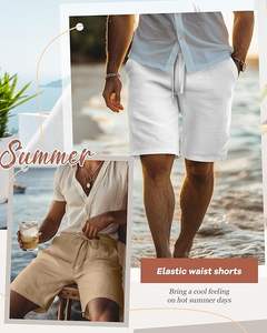 Lot de 3 shorts en coton et lin pour hommes, taille élastique, avec cordon de serrage, short de plage d'été au genou avec poche - Product Image 3