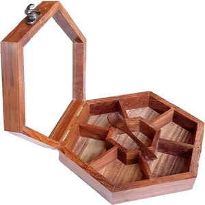 Hexagonal 7-Compartment Spice-Fit <b>Box</b> <b>Wooden</b> Storage 70ml Condiments Filled Jars Including Spoon for Organizing Spices - Product Image 1