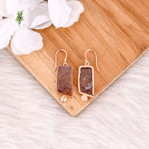 ต่างหูห้อยชุบทองทองเหลืองดีไซน์เนอร์พลอยแจสเปอร์กาแฟเครื่องประดับแฟชั่น - Product Image 4