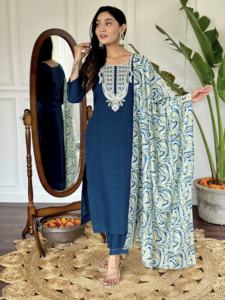 Premium 3 piezas indio pakistaní Salwar Set para adultos nuevo lanzamiento hermosa viscosa Slub calidad bordado Kurti Pant - Product Image 2