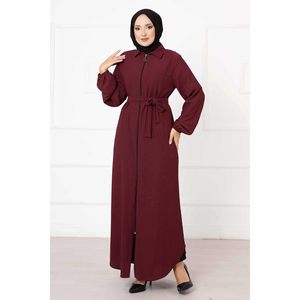 Conjunto Abaya de Mujer Rojo Claret con Manga Elástica y Cuello Camisero - Product Image 2
