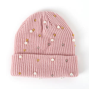 Bonnet en tricot côtelé en acrylique épais uni pour femme, style hip-hop, chaud pour l'hiver, avec rivets et perles, bonnet unisexe avec perles - Product Image 6