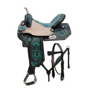 Ensemble de selle de cheval western en cuir de vache véritable turquoise, pour course de barils, confortable et durable, 100% premium RN ENTERPRISES - Product Image 1