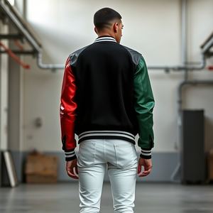 Chaqueta universitaria roja y negra de alta calidad con espacio en blanco con mangas de cuero, estilo de Primavera de ropa de calle, disponible a granel, proveedor OEM - Product Image 2