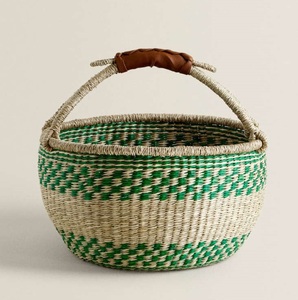 Eco Friendly Ghana Bolga <b>Basket</b> with Vibrant Stripes and Leather Handle Perfect for Market Tote and Home Organization - Product Image 4
