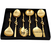 Ensemble de 6 cuillères à salade en gros avec boîte cadeau noire, cuillère de service vintage de luxe en acier miroir avec manche en métal doré